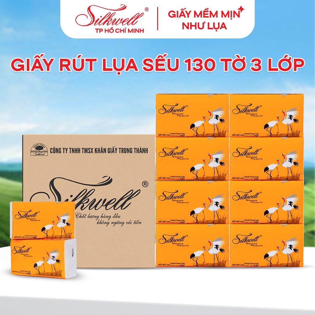 Thùng 10 gói Giấy ăn rút lụa Silkwell Sếu 130 tờ 3 lớp dày dặn, giấy ăn rút lụa cao cấp dai mịn, 100% bột gỗ tự nhiên