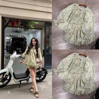 ZIMM STORE-Bộ rời nữ sang trọng áo tay dài phối nơ cổ và chân váy bí bồng bềnh