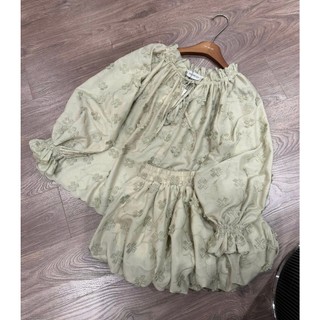 ZIMM STORE-Bộ rời nữ sang trọng áo tay dài phối nơ cổ và chân váy bí bồng bềnh