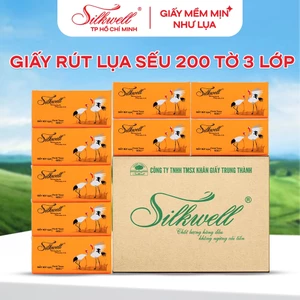 Thùng 9 gói Giấy ăn rút lụa Silkwell Sếu 200 tờ 3 lớp khổ lớn, siêu dai, siêu mềm mịn, không mủn giấy