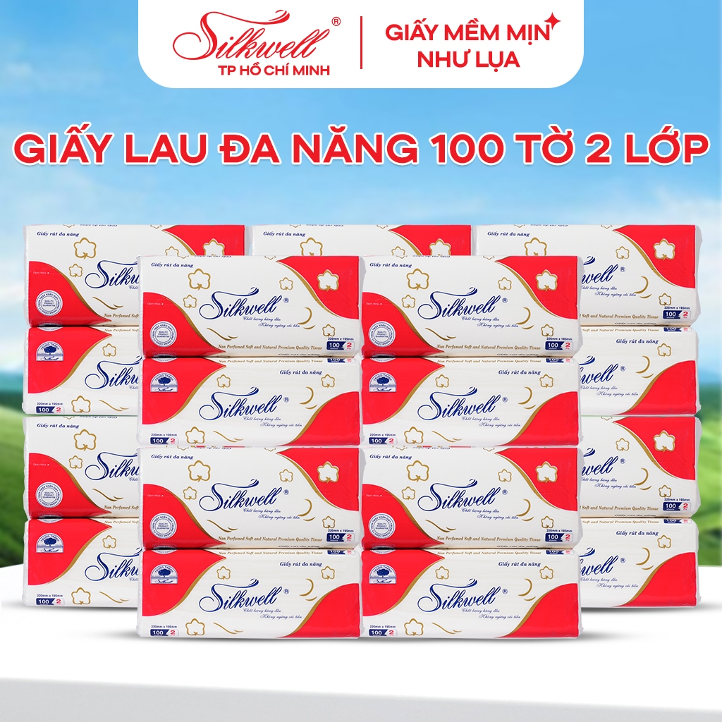 Thùng 18 gói Giấy lau đa năng Silkwell 100 tờ 2 lớp siêu dai, giấy lau đa năng làm giấy lau bếp, giấy thấm dầu