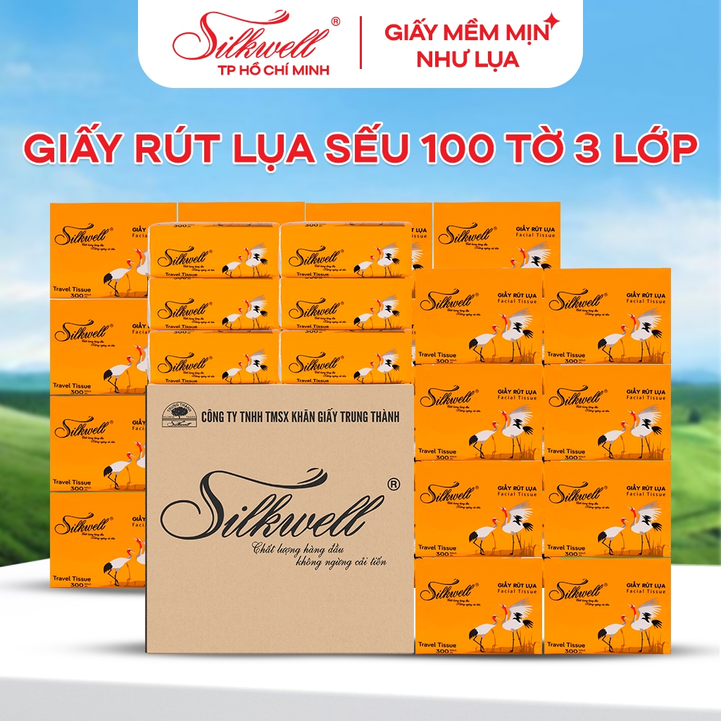 Thùng 30 gói Giấy ăn rút lụa Silkwell Sếu 100 tờ 3 lớp cao cấp, giấy rút mini nhỏ gọn dễ dàng bỏ túi