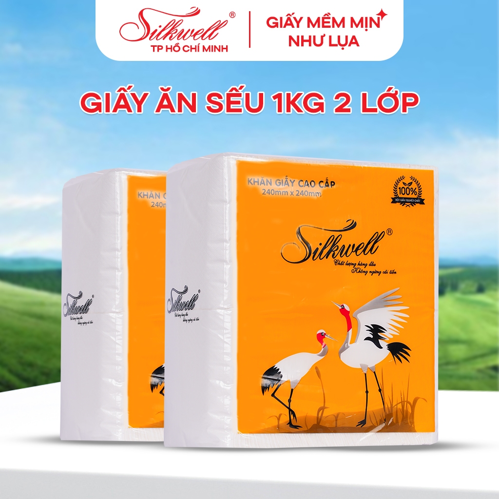 Khăn giấy ăn Silkwell Sếu bịch 1kg 2 lớp, giấy rút đa năng cao cấp siêu dày dặn, thấm hút tốt và tiết kiệm chi phí hơn