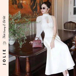 Váy Midi Trắng Cổ Yếm Phối Choàng Tơ Sang Trọng Jolie