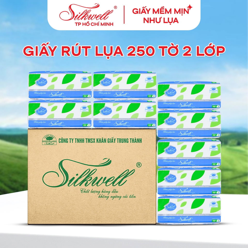 Thùng 9 gói Khăn giấy rút lụa Silkwell 250 tờ 2 lớp khổ lớn, giấy rút lụa siêu dai, mềm mại, thấm hút tốt