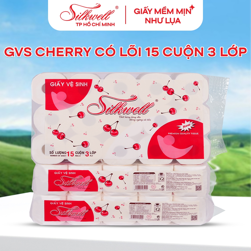 Giấy vệ sinh Silkwell Cherry 15 cuộn 3 lớp có lõi, Giấy vệ sinh giá rẻ - sự lựa chọn tiết kiệm cho gia đình bạn