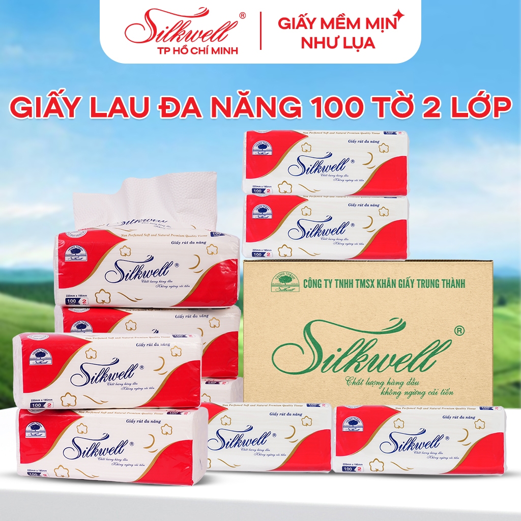 Thùng 9 gói Giấy lau đa năng Silkwell 100 tờ 2 lớp siêu dai, không mủn giấy, giấy ăn cao cấp đa chức năng