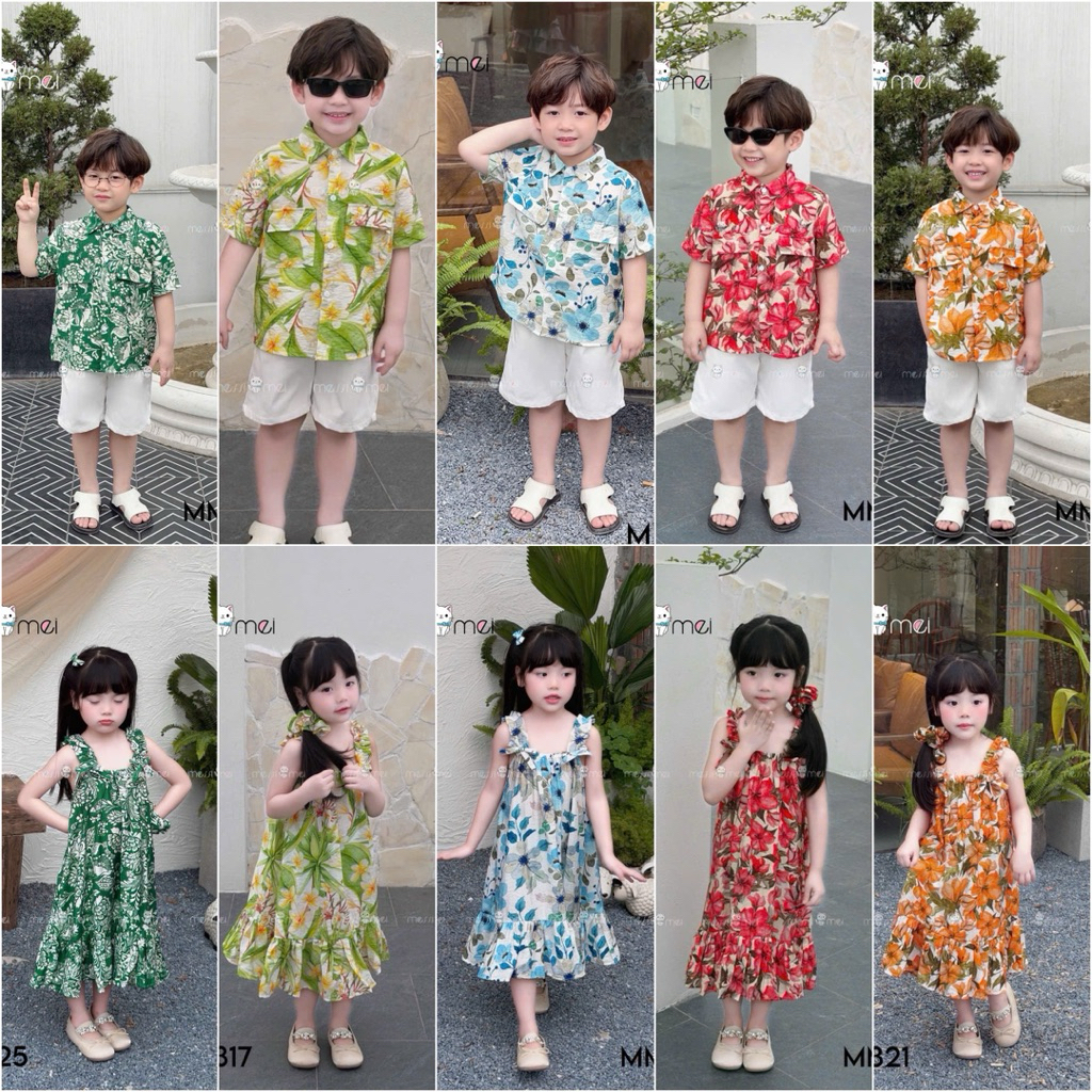 Set Đi Biển Đôi Bé Trai Bé Gái MM 1-10Y (8-40kg), Bộ Bé Trai và Váy Bé Gái Kèm Dây Buộc Tóc