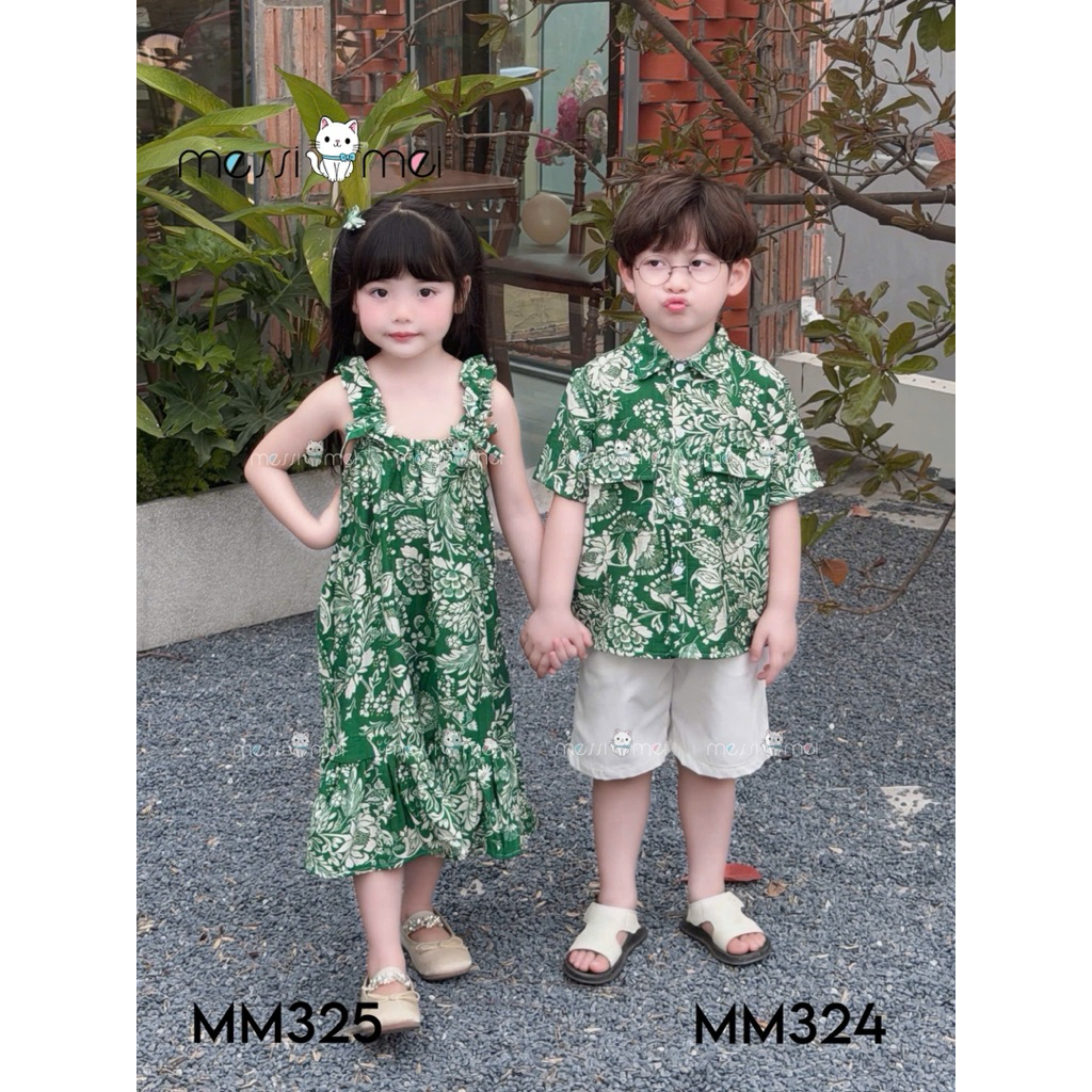 Set Đi Biển Đôi Bé Trai Bé Gái MM 1-10Y (8-40kg), Bộ Bé Trai và Váy Bé Gái Kèm Dây Buộc Tóc
