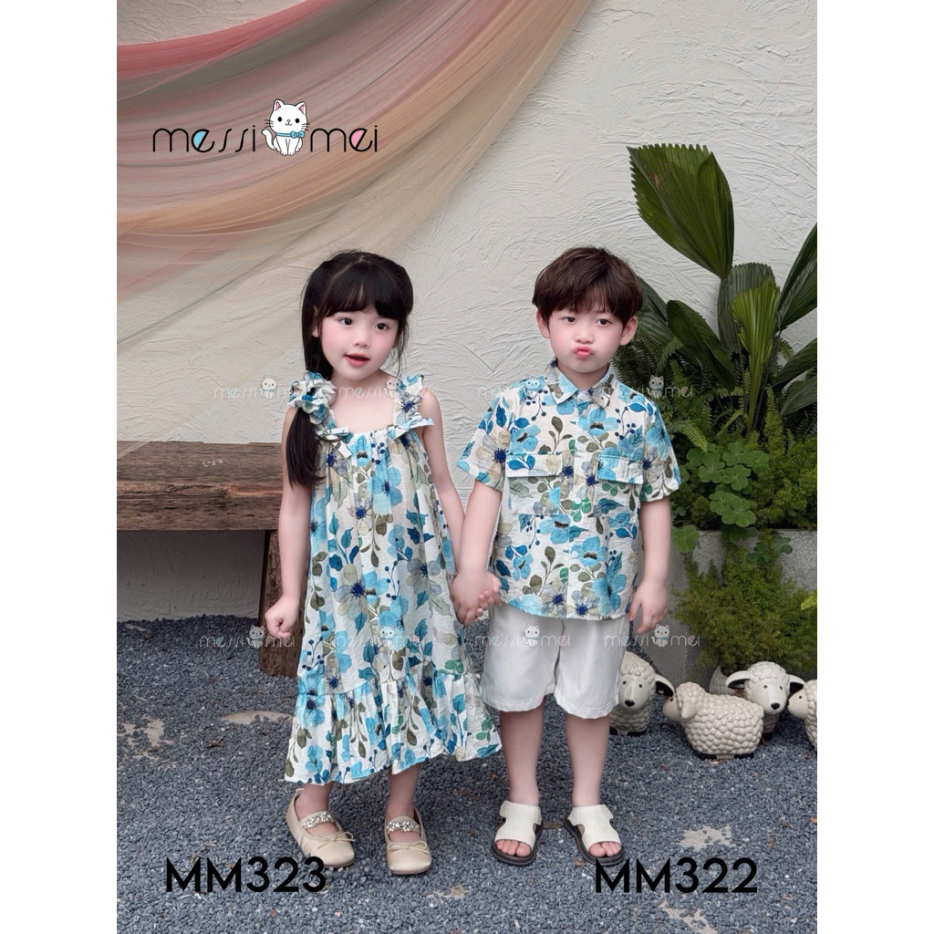Set Đi Biển Đôi Bé Trai Bé Gái MM 1-10Y (8-40kg), Bộ Bé Trai và Váy Bé Gái Kèm Dây Buộc Tóc