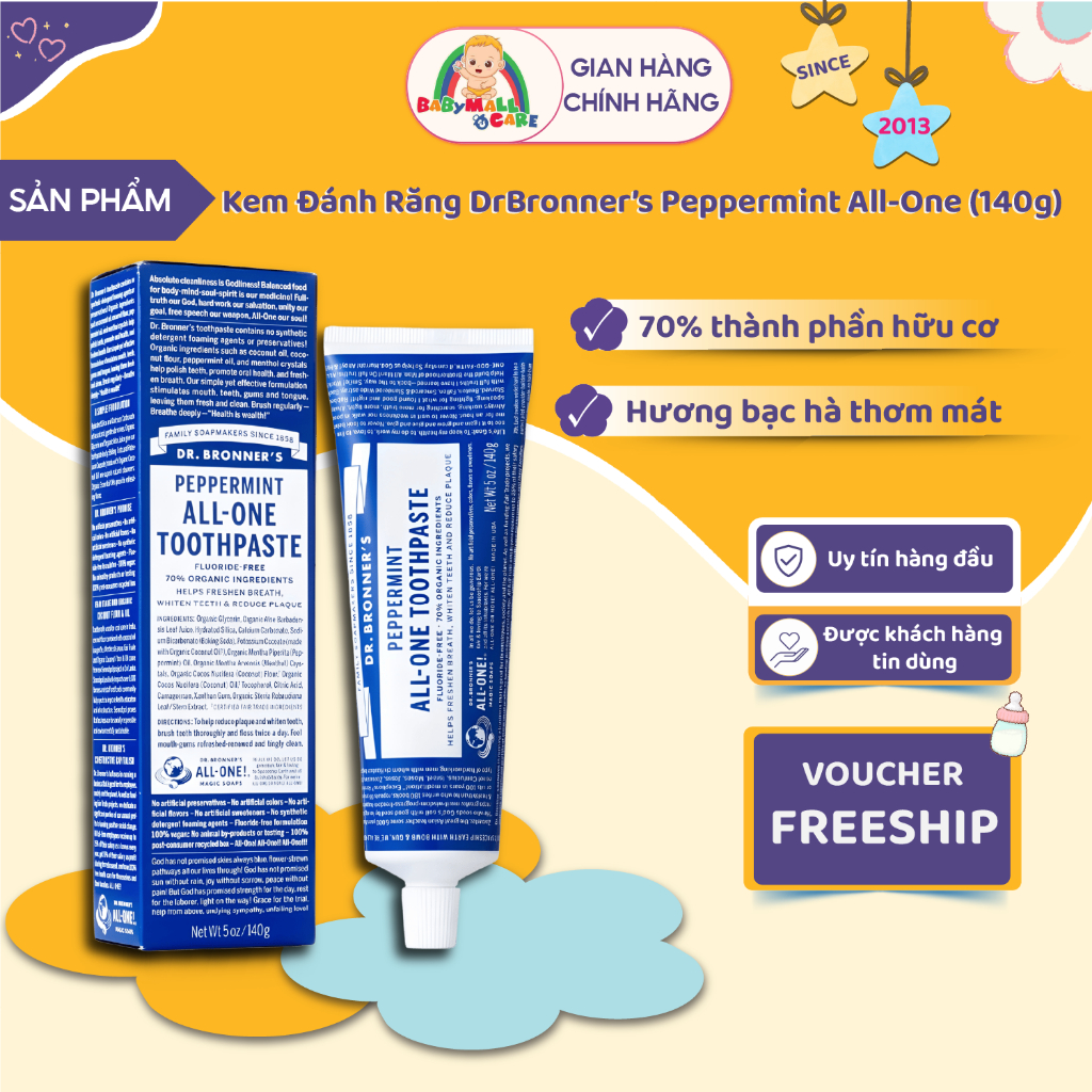 Kem Đánh Răng Bạc Hà XANH DƯƠNG D..rBronner’s Peppermint All-One Toothpaste 140g Sạch Răng Miệng