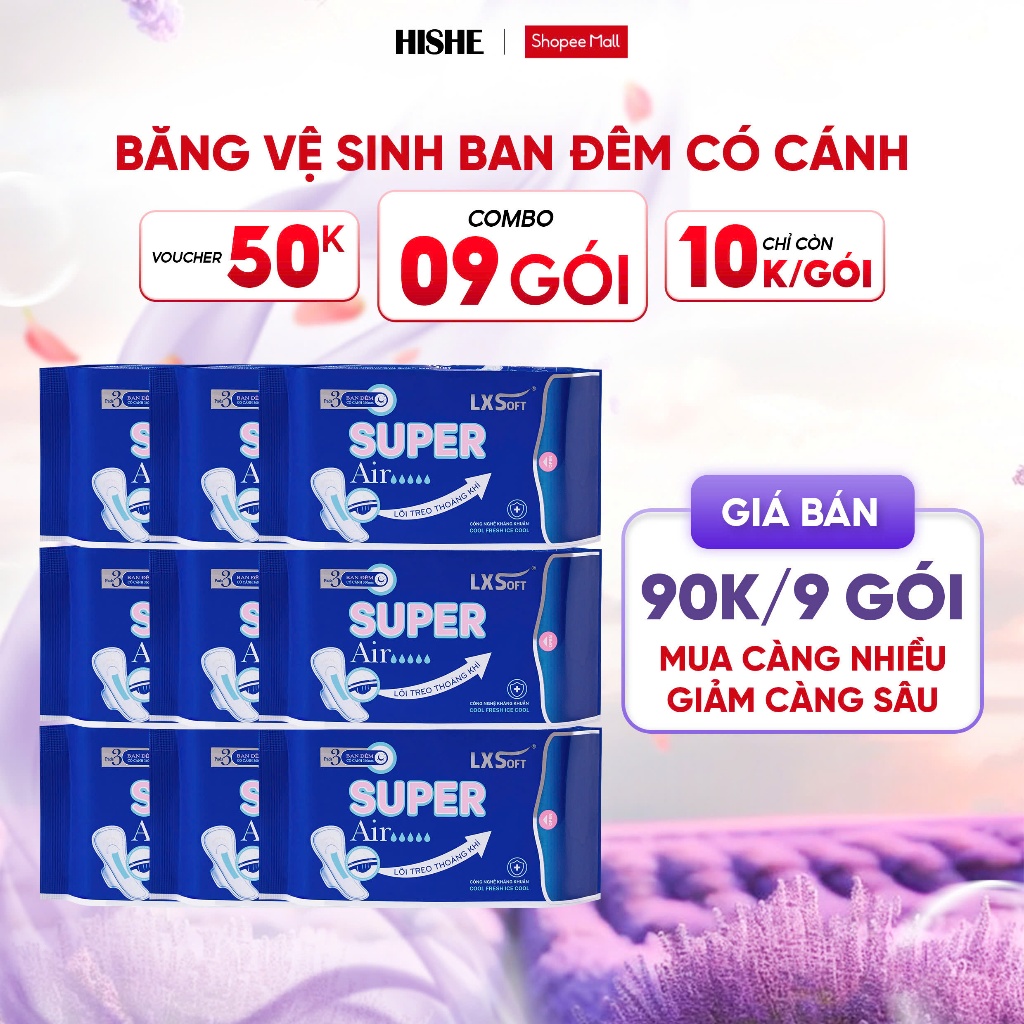 Combo 9 gói băng vệ sinh Lxsoft Super Air Siêu mềm mỏng 1mm, Siêu thấm, bạc hà không lộ mùi