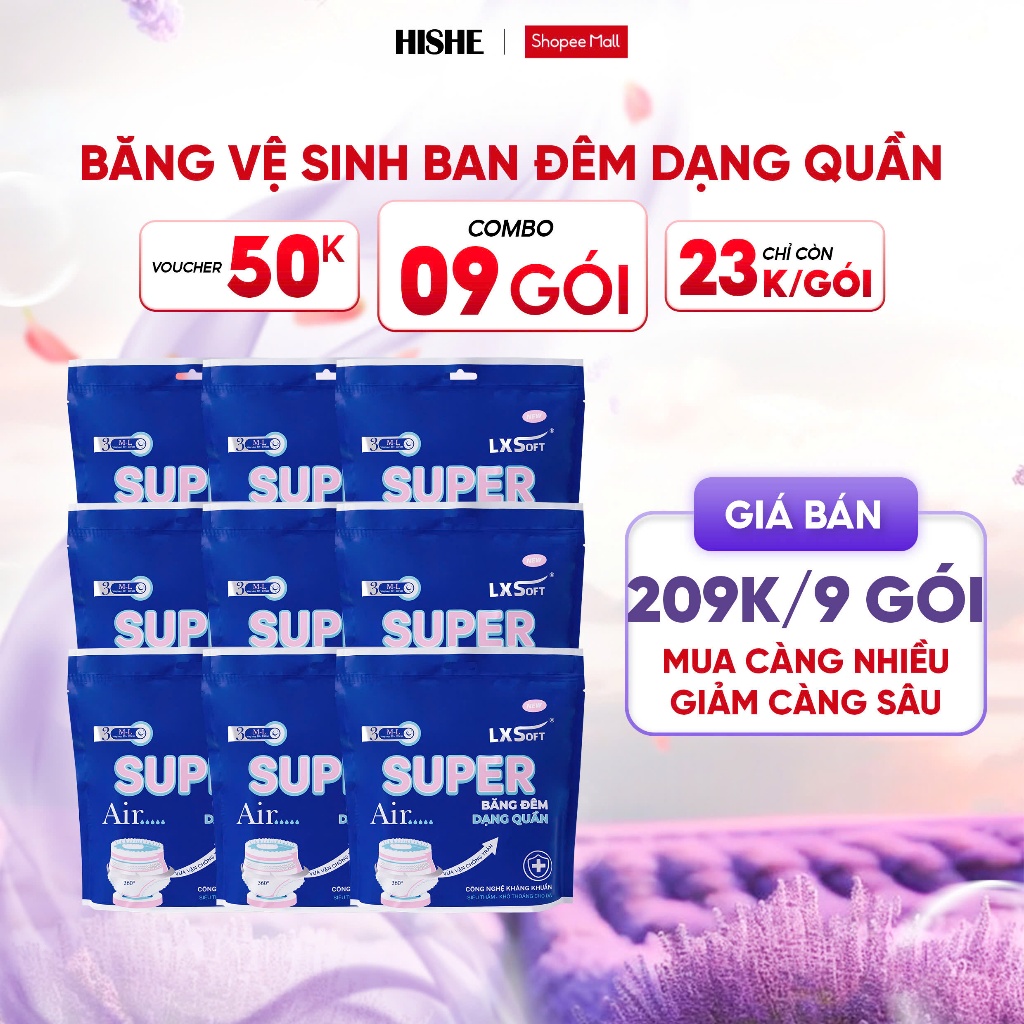 Combo 9 gói băng vệ sinh Lxsoft Super Air Siêu mềm mỏng 1mm, Siêu thấm, bạc hà không lộ mùi