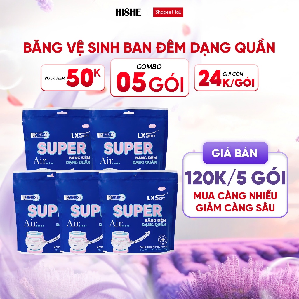 COMBO 5 gói Băng Vệ Sinh SUPER AIR LXSoft Hàn Quốc - Bạc hà - Mặt lưới lụa Siêu thấm hút