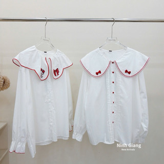 Áo Sơ Mi Trắng Viền Đỏ Kitty Thỏ Nơ QC