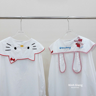 Áo Sơ Mi Trắng Viền Đỏ Kitty Thỏ Nơ QC
