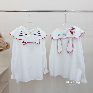 Áo Sơ Mi Trắng Viền Đỏ Kitty Thỏ Nơ QC