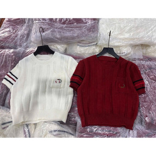 LT - Áo len nữ cộc tay xoắn thừng, túi ngực hoạ tiết chữ thêu, len cotton knit free size 1597