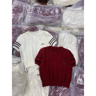 LT - Áo len nữ cộc tay xoắn thừng, túi ngực hoạ tiết chữ thêu, len cotton knit free size 1597