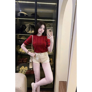 LT - Áo len nữ cộc tay xoắn thừng, túi ngực hoạ tiết chữ thêu, len cotton knit free size 1597