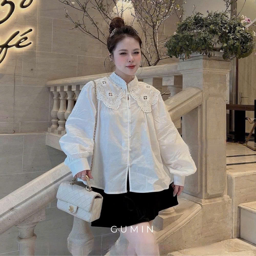 Áo sơ mi trắng thô GUMIN thiết kế áo cổ tàu phối ren thêu nổi sang chảnh tiểu thư, Áo somi nữ công sở thanh lịch sang tr