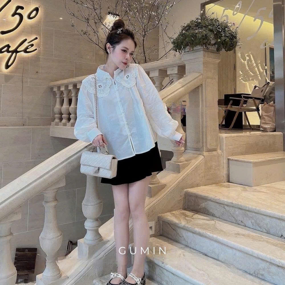 Áo sơ mi trắng thô GUMIN thiết kế áo cổ tàu phối ren thêu nổi sang chảnh tiểu thư, Áo somi nữ công sở thanh lịch sang tr