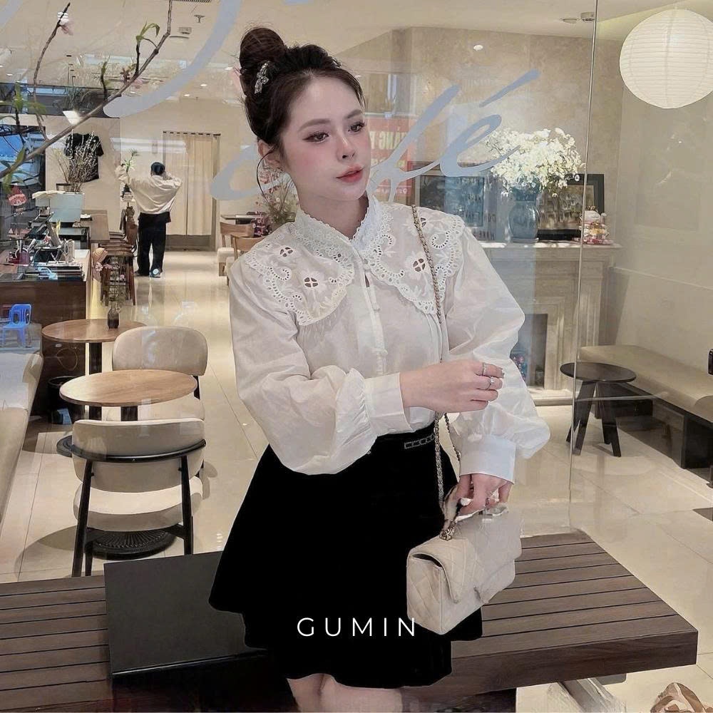 Áo sơ mi trắng thô GUMIN thiết kế áo cổ tàu phối ren thêu nổi sang chảnh tiểu thư, Áo somi nữ công sở thanh lịch sang tr