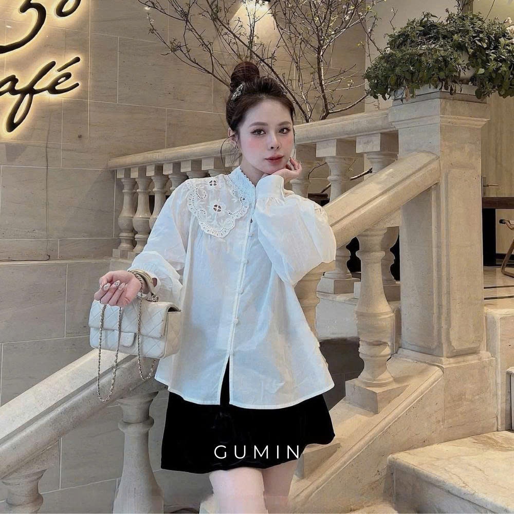 Áo sơ mi trắng thô GUMIN thiết kế áo cổ tàu phối ren thêu nổi sang chảnh tiểu thư, Áo somi nữ công sở thanh lịch sang tr