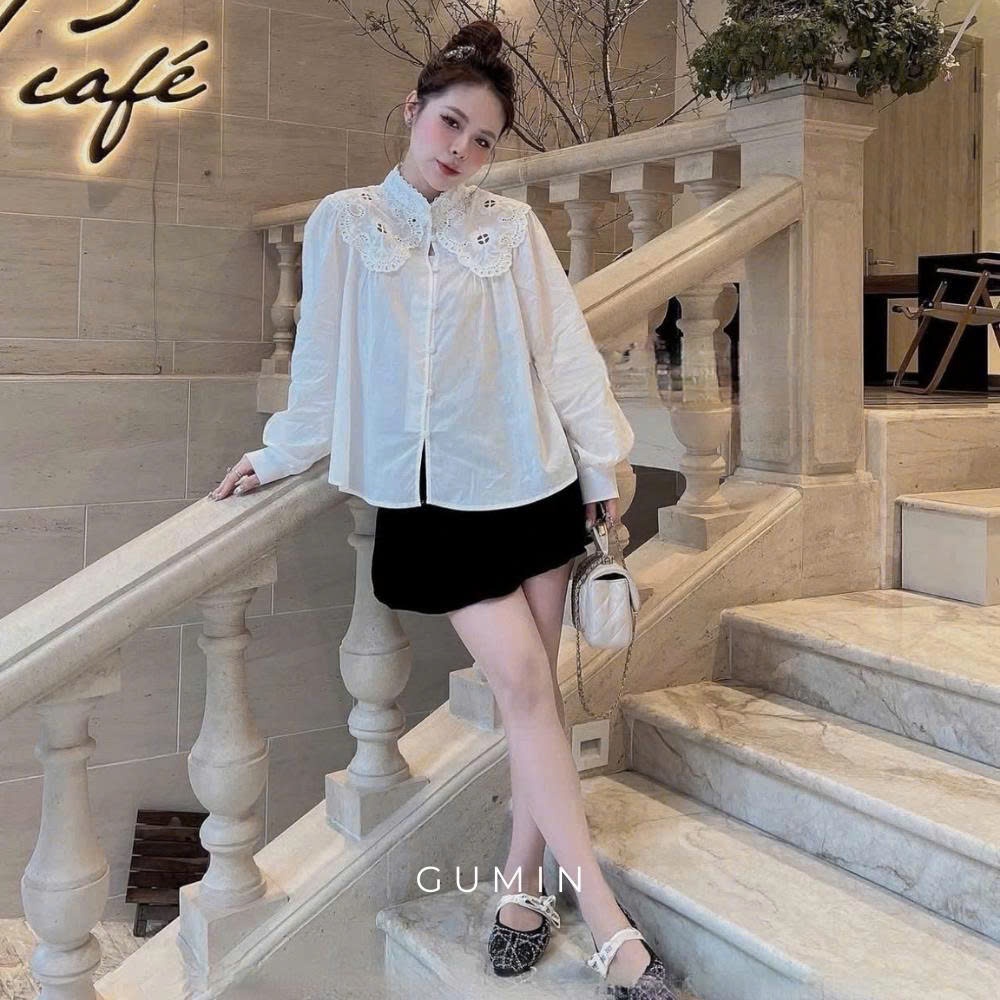 Áo sơ mi trắng thô GUMIN thiết kế áo cổ tàu phối ren thêu nổi sang chảnh tiểu thư, Áo somi nữ công sở thanh lịch sang tr