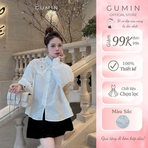 Áo sơ mi trắng thô GUMIN thiết kế áo cổ tàu phối ren thêu nổi sang chảnh tiểu thư, Áo somi nữ công sở thanh lịch sang tr
