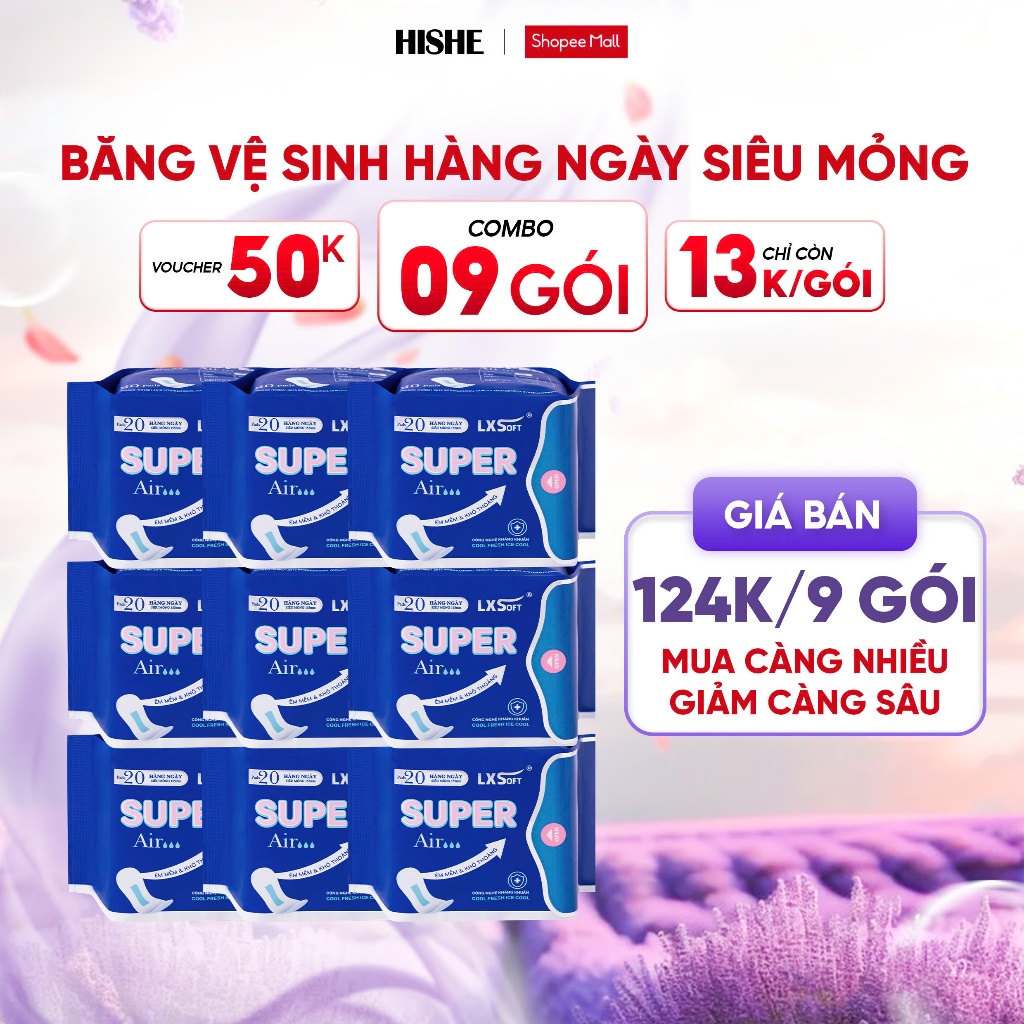 Combo 9 gói băng vệ sinh Lxsoft Super Air Siêu mềm mỏng 1mm, Siêu thấm, bạc hà không lộ mùi