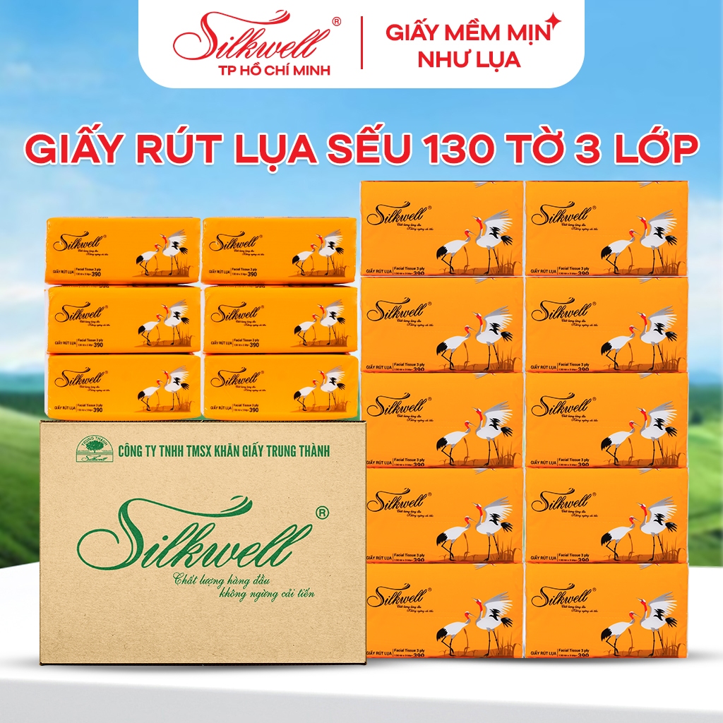 Thùng 20 gói Giấy ăn Silkwell Sếu 130 tờ 3 lớp khổ vừa, khăn giấy rút lụa 100% bột giấy nguyên chất