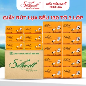 Thùng 20 gói Giấy ăn Silkwell Sếu 130 tờ 3 lớp khổ vừa, khăn giấy rút lụa 100% bột giấy nguyên chất