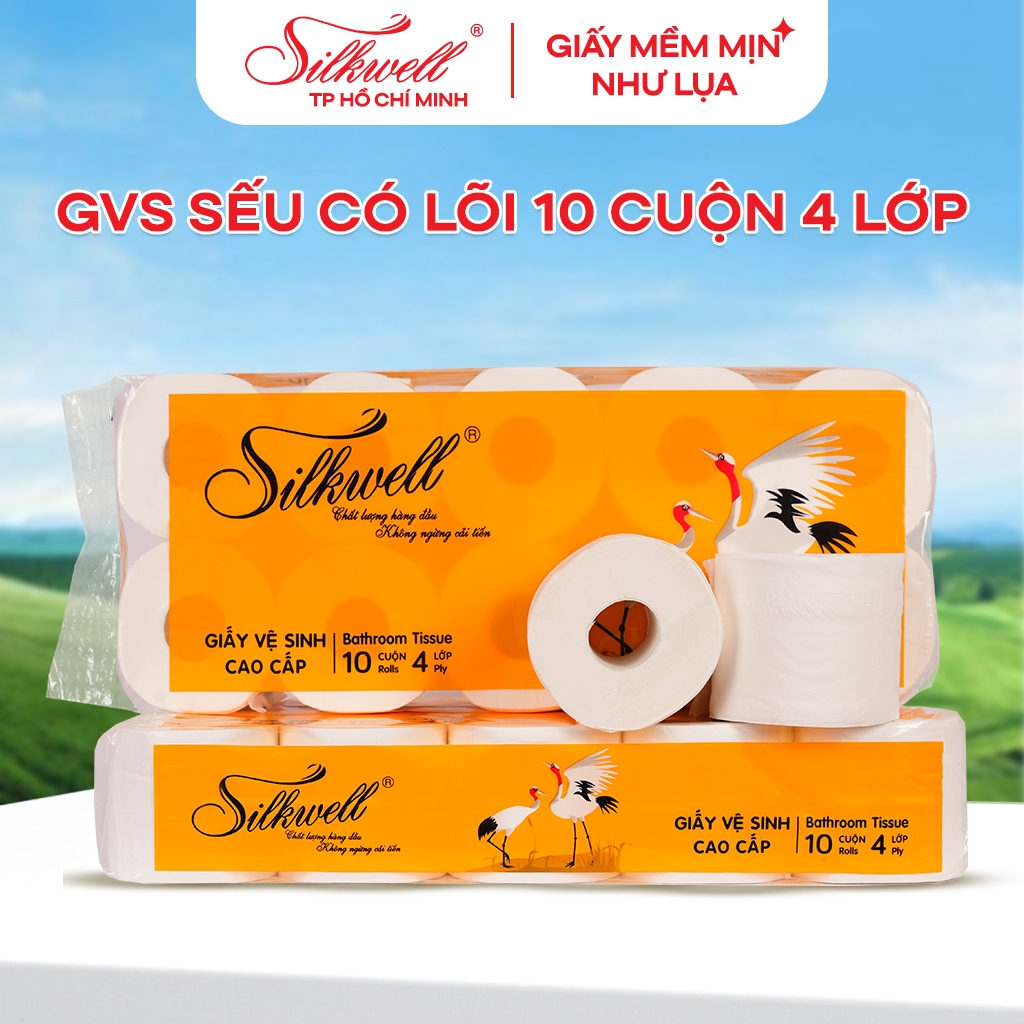 Giấy vệ sinh Silkwell Sếu 10 cuộn 4 lớp có lõi, giấy vệ sinh cao cấp siêu dai siêu tiết kiệm