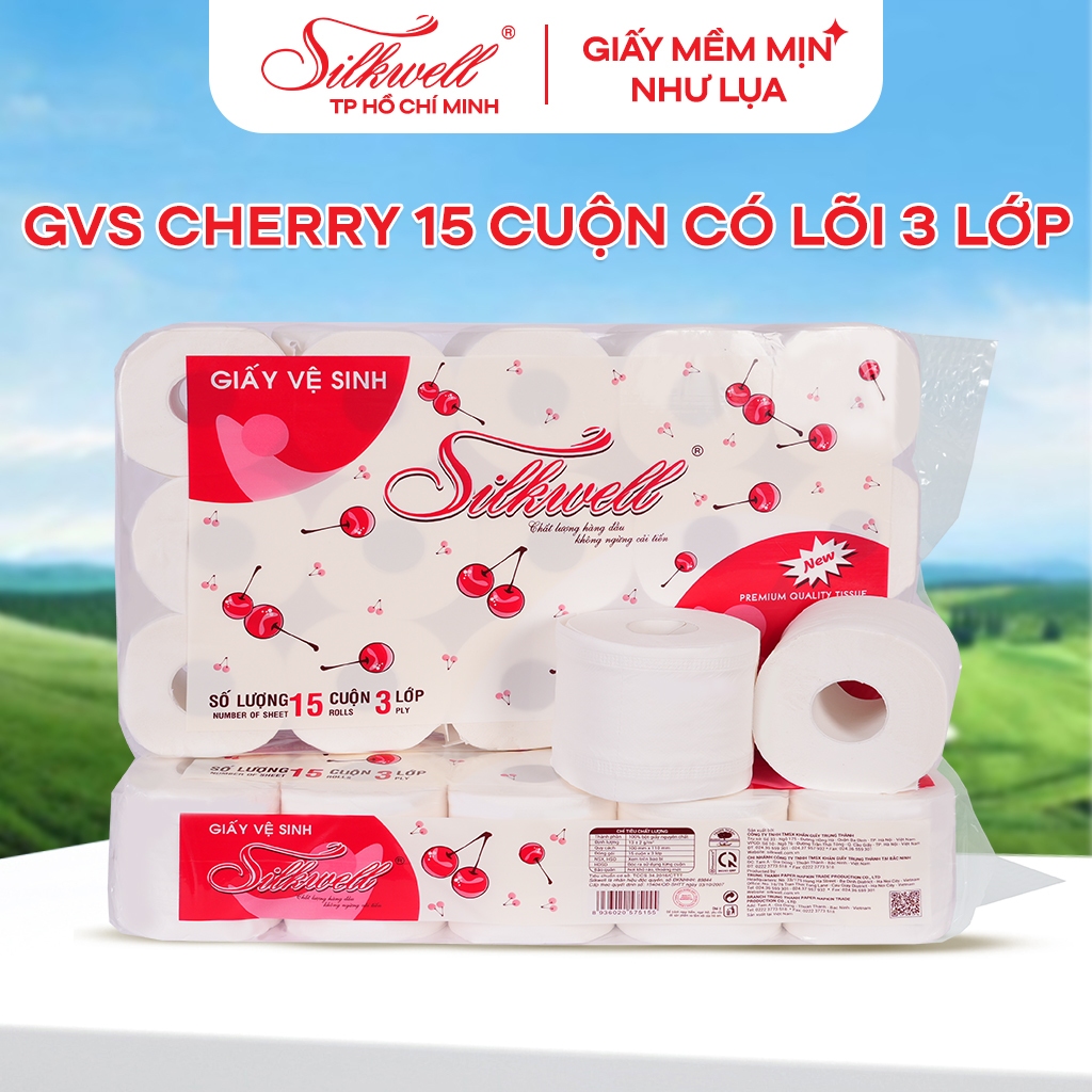 Giấy vệ sinh Silkwell Cherry 15 cuộn 3 lớp có lõi, chất giấy siêu dai, nềm mịn, an toàn tuyệt đối cho da