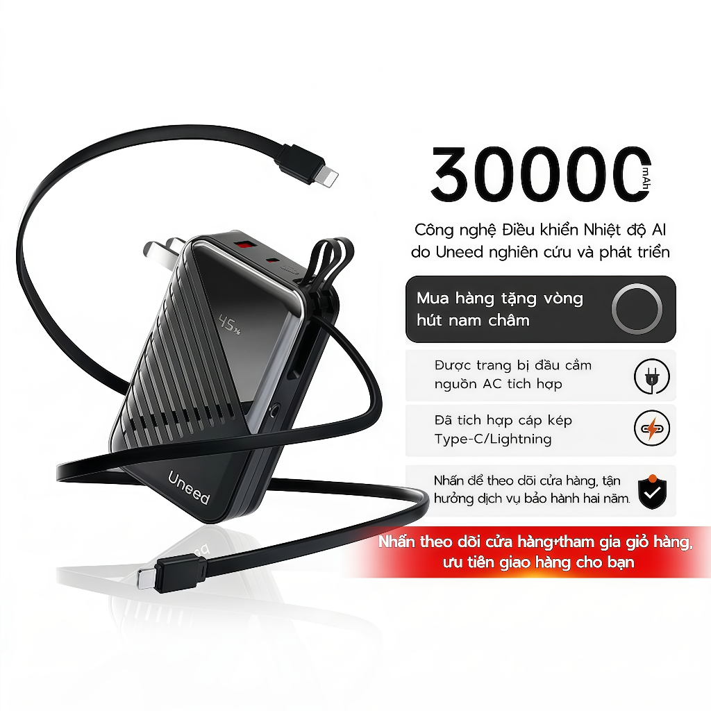 【CCC】UNEED Sạc dự phòng 30000mAh, sạc nhanh không dây PD35W, Có kèm phích cắm Thích hợp iP14-17 Samsun | BigBuy360 - bigbuy360.vn
