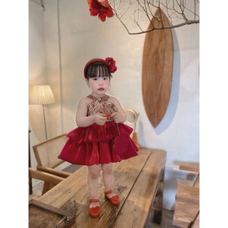 Váy yếm trung thu gấm đỏ 2 tầng ChoiChuu cho bé gái