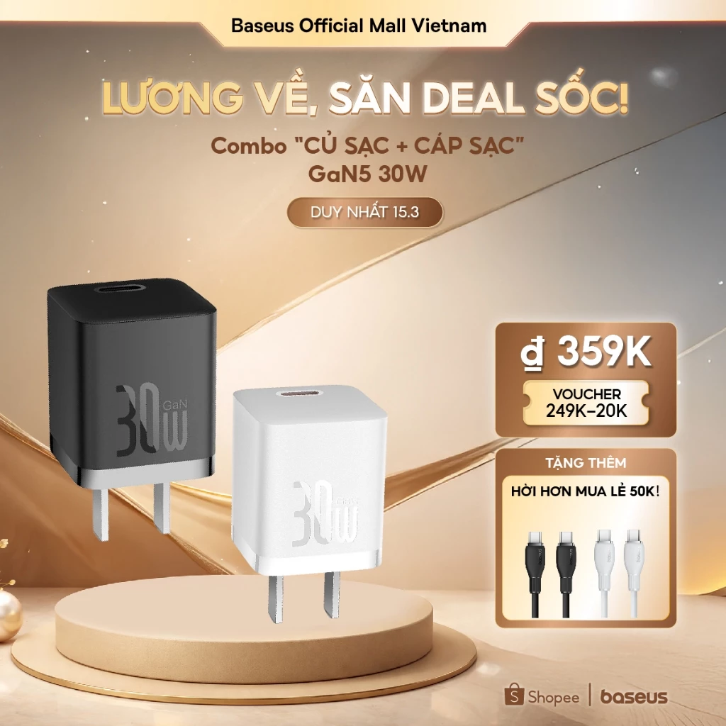 Củ Sạc Baseus 30W GaN5 Hỗ Trợ Sạc Nhanh PD QC PPS với Cáp Type C cho phone kèm dây 30W