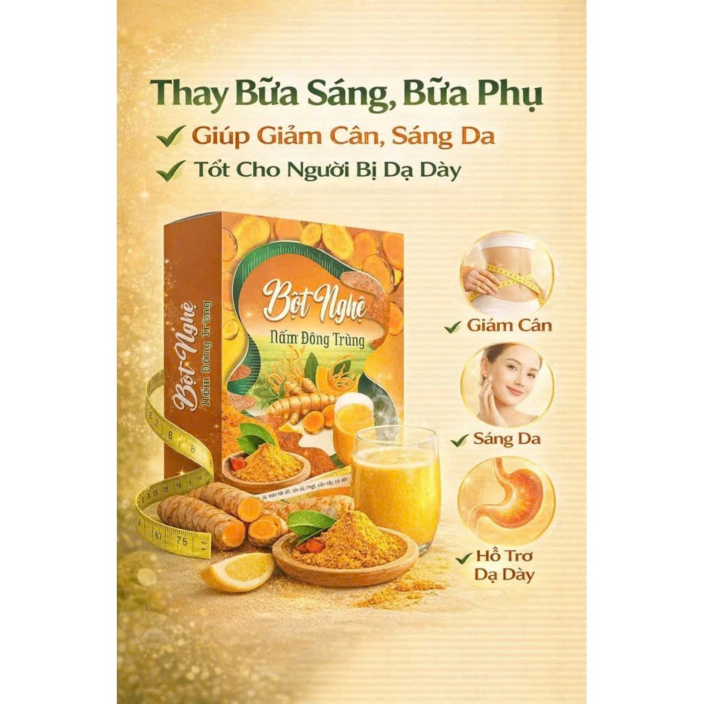 Bột Nghệ Nấm Đông Trùng Chính Hãng Hộp 12 Gói - Hỗ trợ tiêu hóa kiểm soát cân nặng đốt mỡ duy trì vóc dáng đẹp sáng da