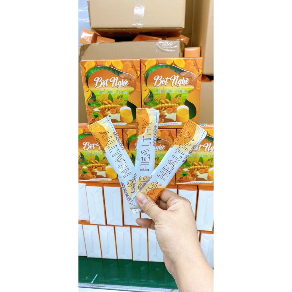Bột Nghệ Nấm Đông Trùng Chính Hãng Hộp 12 Gói - Hỗ trợ tiêu hóa kiểm soát cân nặng đốt mỡ duy trì vóc dáng đẹp sáng da