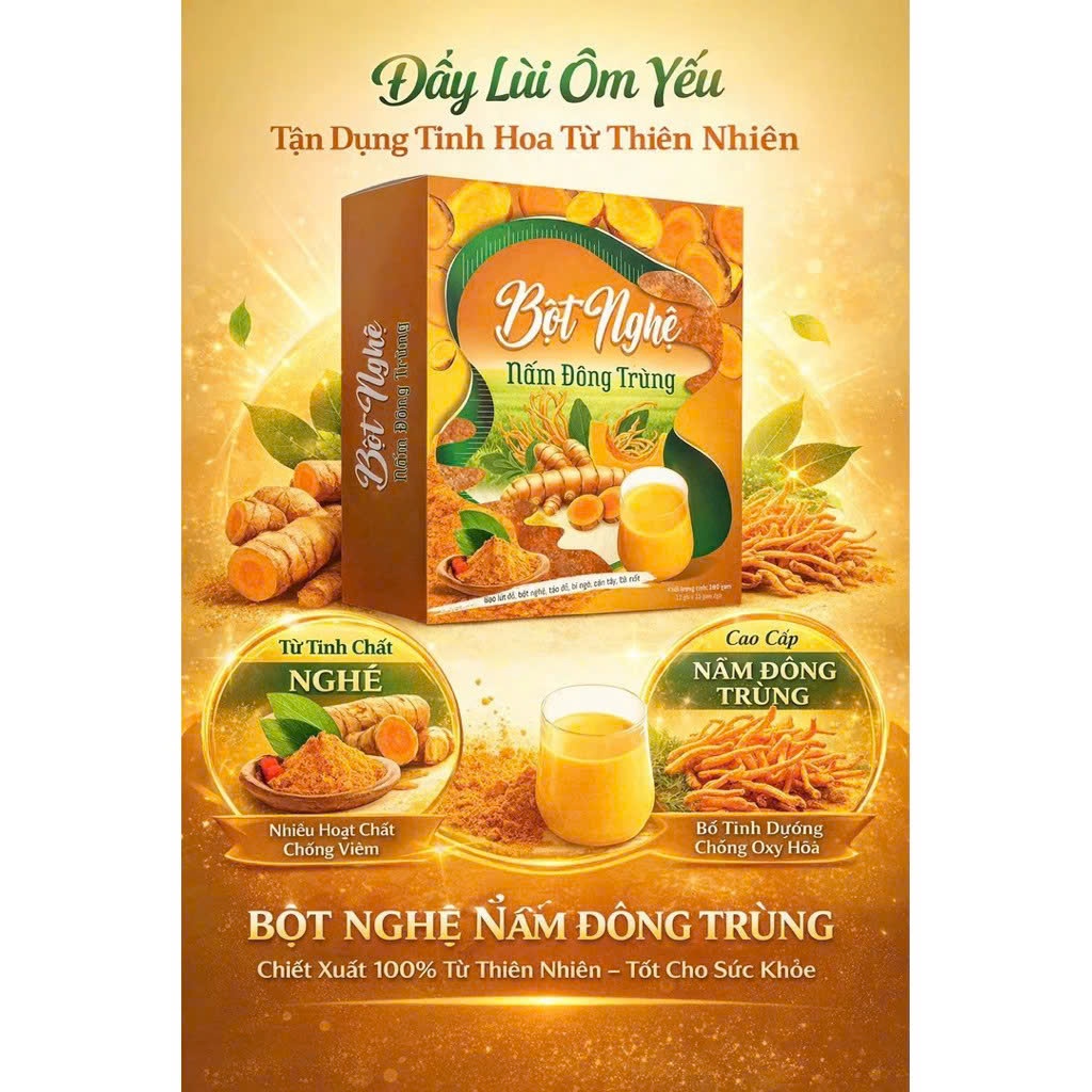 ✅ [Chính Hãng] Bột Nghệ Nấm Đông Trùng Hộp 12 Gói ✅ Hỗ trợ tiêu hóa kiểm soát cân nặng duy trì vóc dáng đẹp da sáng da