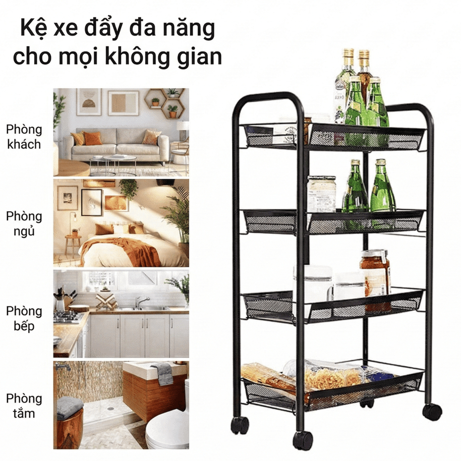 Kệ Xe Đẩy 4 Tầng Mehaa Có Bánh Xe – Kệ Để Đồ Nhà Bếp, Xe Đẩy Spa, Kệ Đa Năng Phòng Tắm Phòng Khách