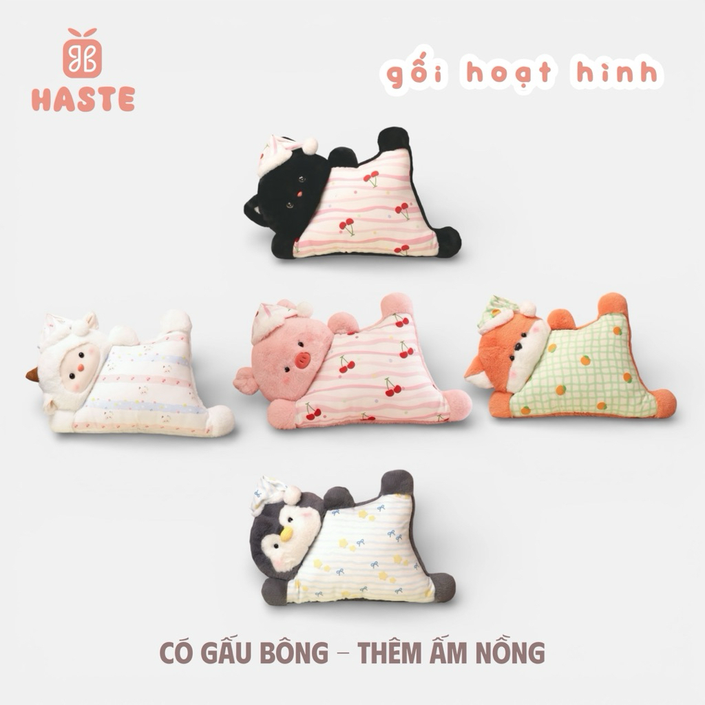 Gấu Thú Bông Gối Kê Cổ Ôm Ngủ Animal Đội Nón Mũ Cừu Cáo Mèo Heo Cánh Cụt Quà Tặng Độc Đáo Siêu Mềm Mịn Siêu Dễ Thương
