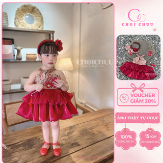 Váy yếm trung thu gấm đỏ 2 tầng ChoiChuu cho bé gái