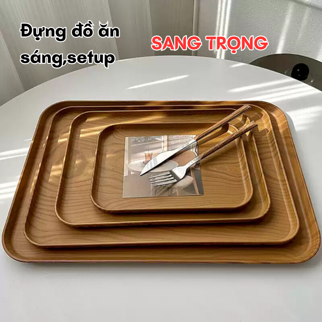 Khay Nhựa Giả Vân Gỗ Chữ Nhật Decor Khay Trang Trí Bày Bánh Úp Cốc Chụp Ảnh Sản Phẩm Quán Cafe Nhà Hàng Titihome