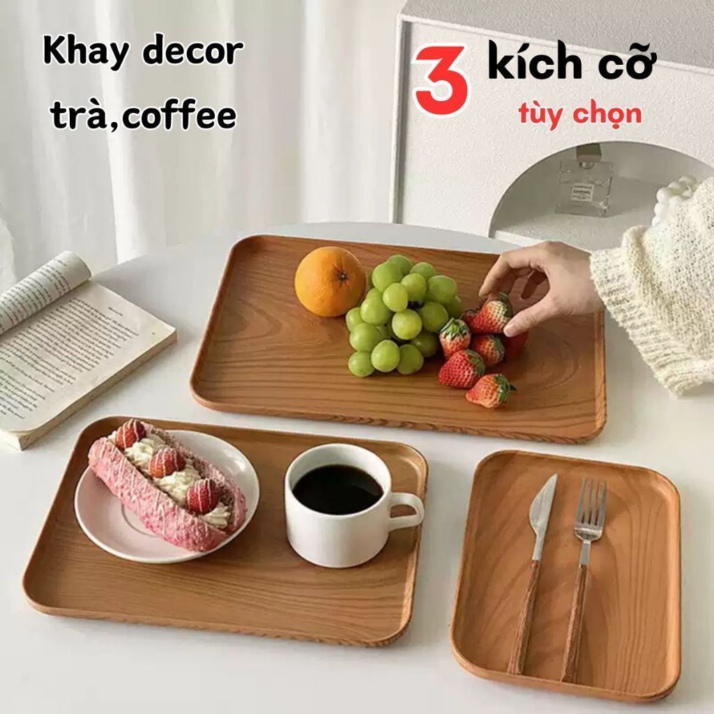 Khay Nhựa Giả Vân Gỗ Chữ Nhật Decor Khay Trang Trí Bày Bánh Úp Cốc Chụp Ảnh Sản Phẩm Quán Cafe Nhà Hàng Titihome