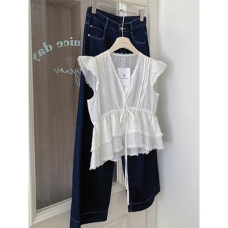 Áo Sơ Mi Đũi Cổ V Phối Ren Cánh Tiên Có Nơ Dáng Babydoll Áo Kiểu Nữ Style Hàn Quốc Cakecat