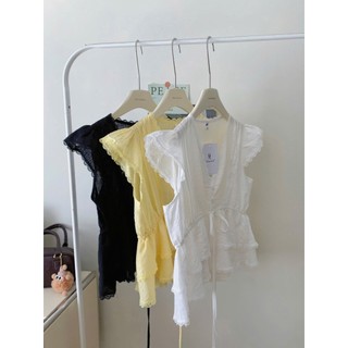 Áo Sơ Mi Đũi Cổ V Phối Ren Cánh Tiên Có Nơ Dáng Babydoll Áo Kiểu Nữ Style Hàn Quốc Cakecat