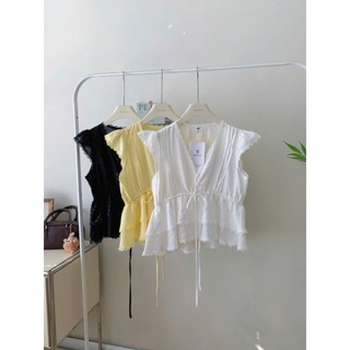 Áo Sơ Mi Đũi Cổ V Phối Ren Cánh Tiên Có Nơ Dáng Babydoll Áo Kiểu Nữ Style Hàn Quốc Cakecat
