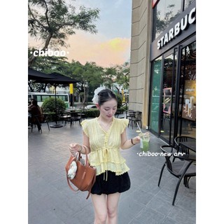 Áo Sơ Mi Đũi Cổ V Phối Ren Cánh Tiên Có Nơ Dáng Babydoll Áo Kiểu Nữ Style Hàn Quốc Cakecat